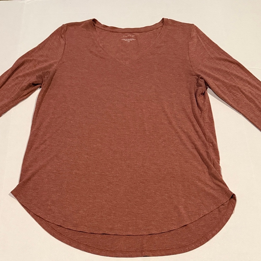 Tahari Long Sleeve V-Neck Top in Warm Brown - Picture 5 of 5